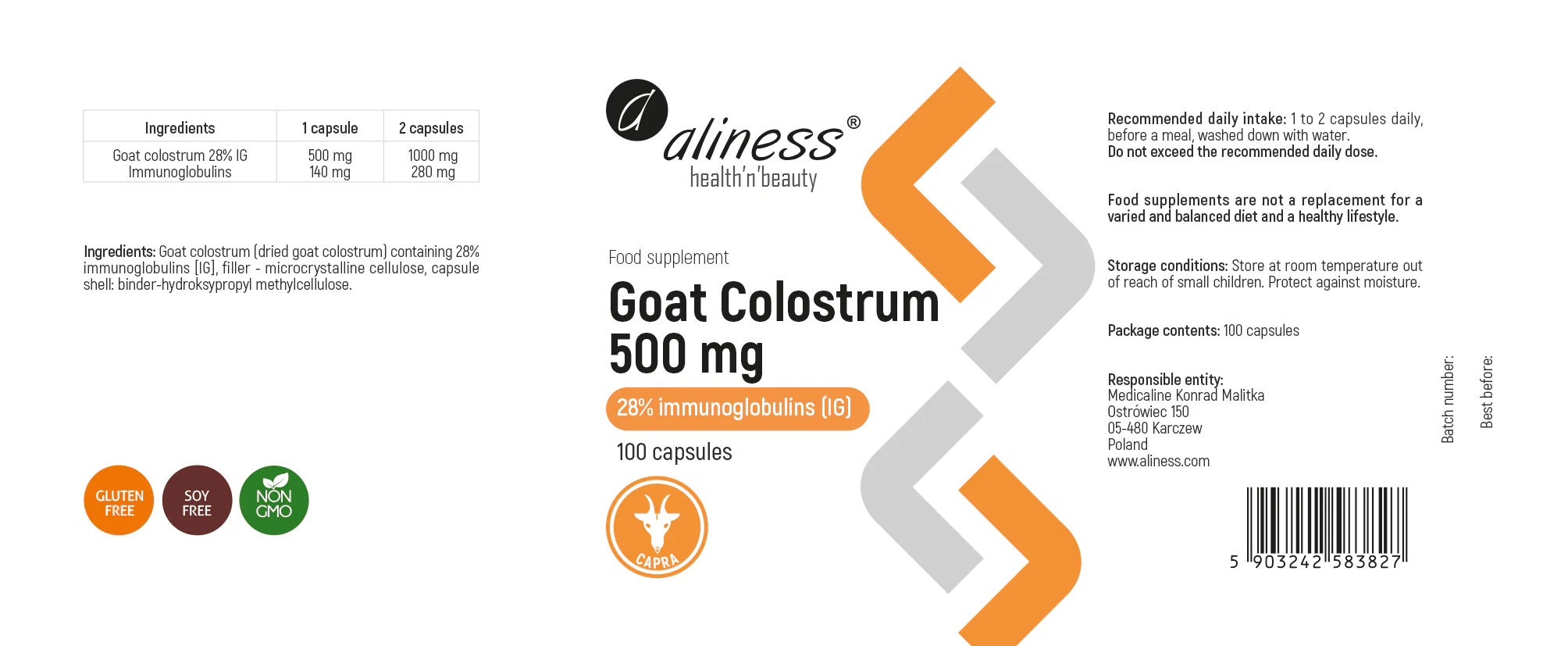 Goat Colostrum, 100 capsules, Capra Certified, 28% Immuno Globulines (IG) - Image 2