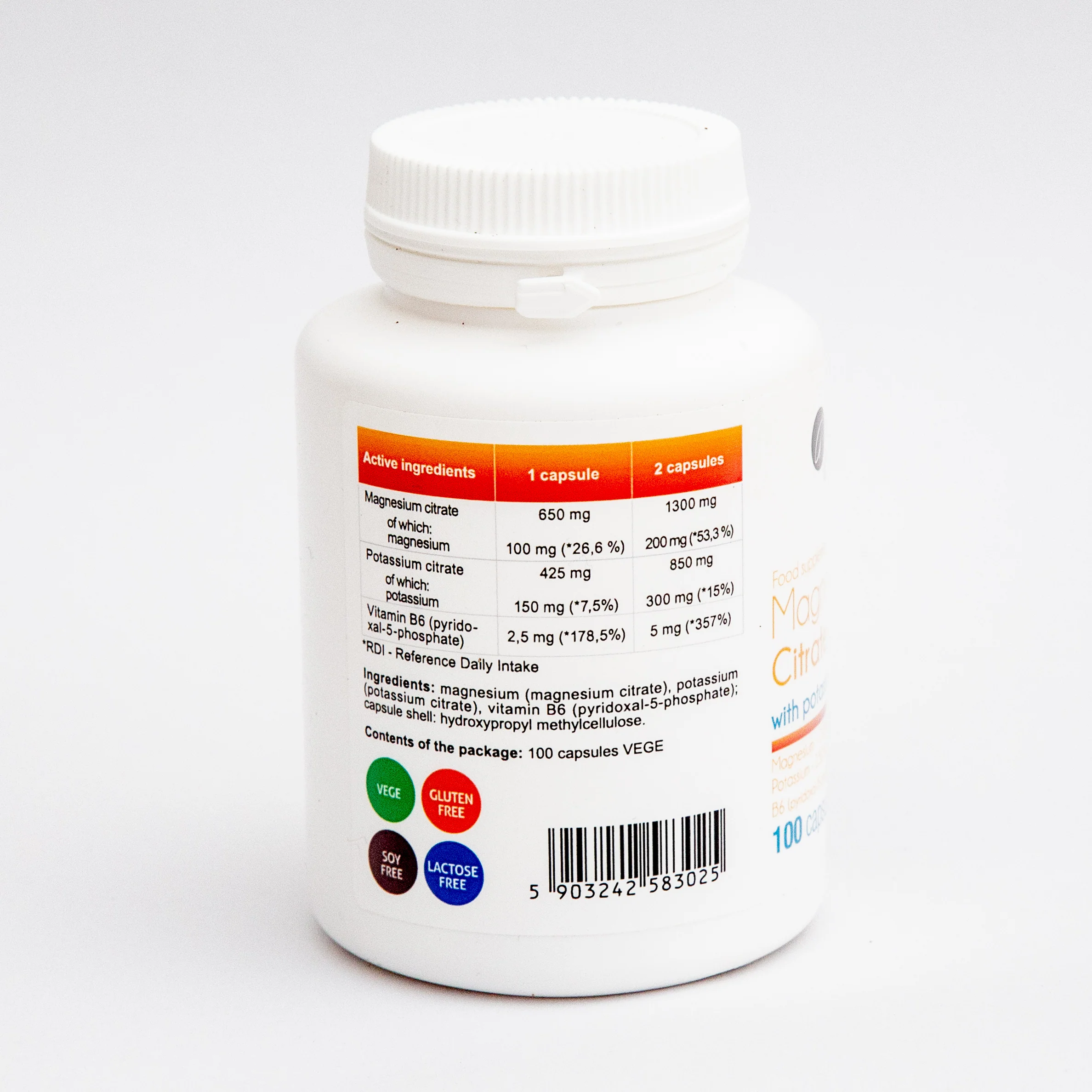 Magnesium Citrate with Potassium and Vitamin B6 (P-5-P), 100 vegan capsules - Image 3