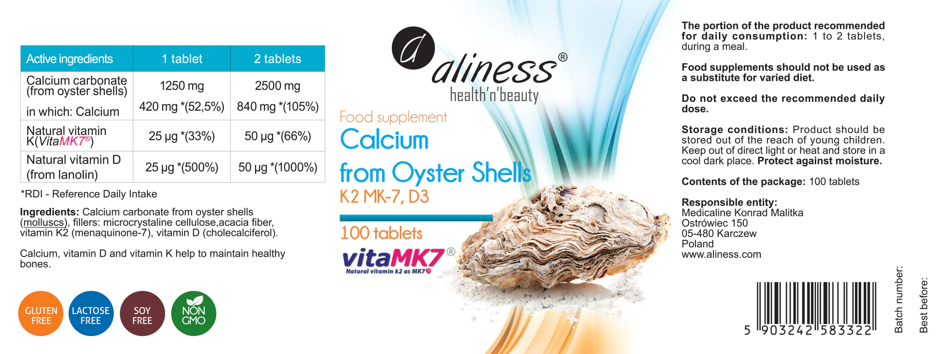 Oyster Shell Calcium with vitamins K2 and D3, 100 pills - Image 4