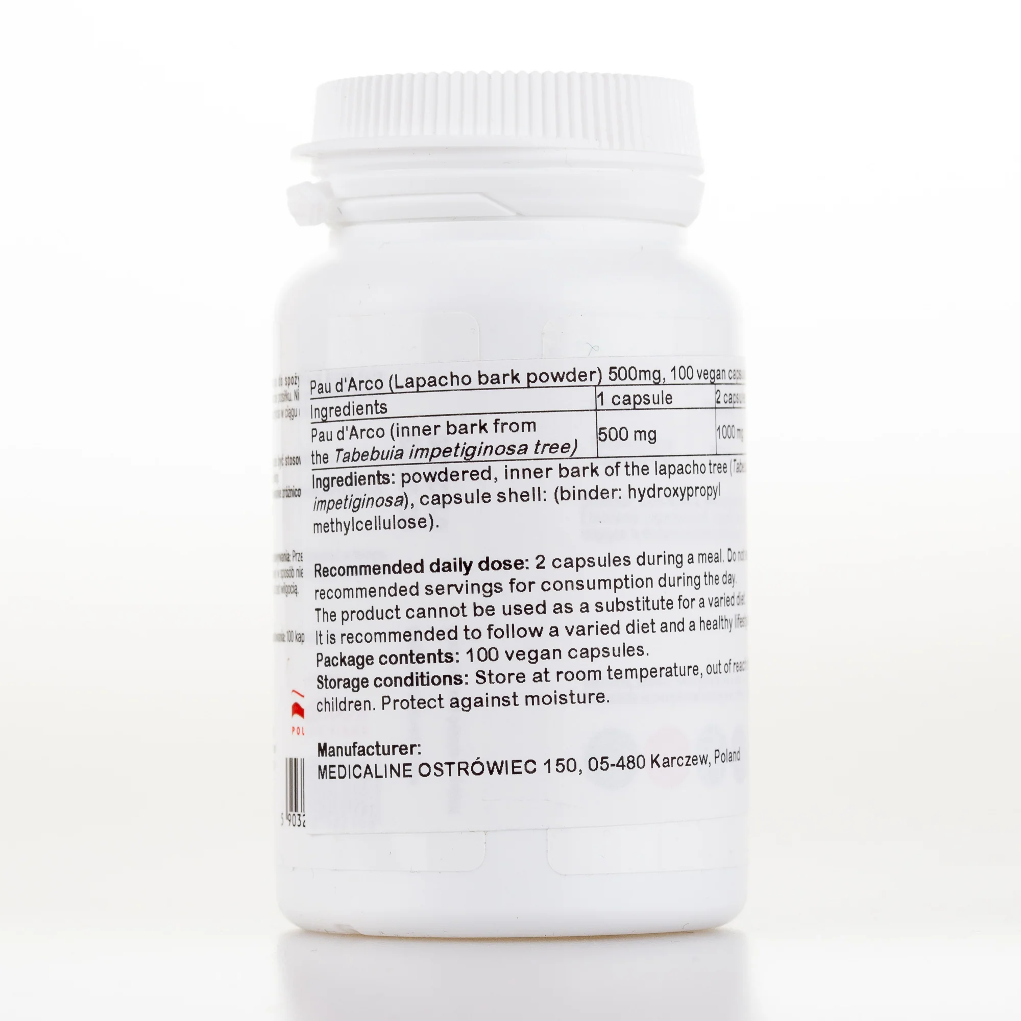 Pau d'Arco (Lapacho bark powder) 500mg, 100 vegan capsules - Image 2