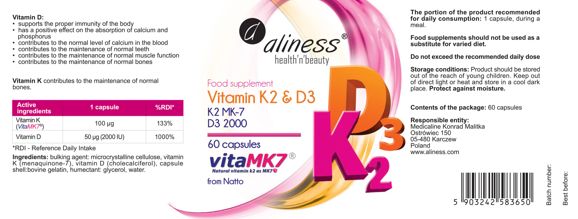 Vitamin D3 (2000 IU) with K2 MK7, 60 capsules - Image 4