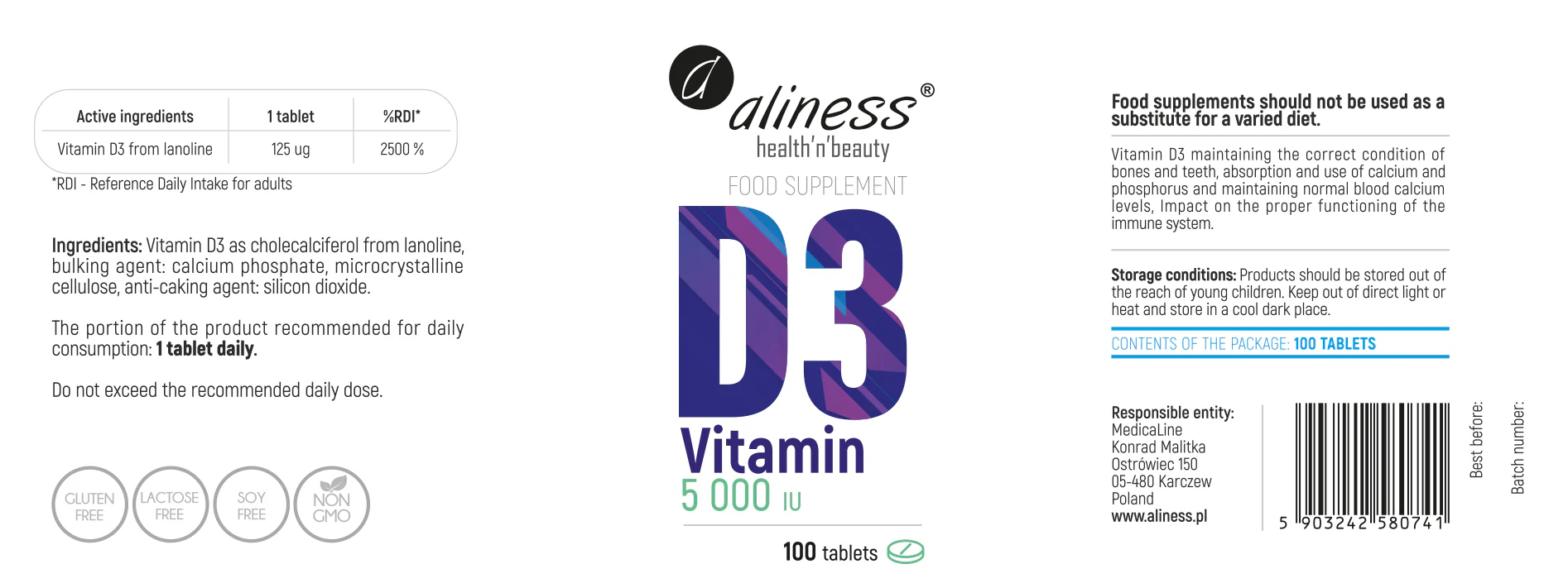 Max Strength Vitamin D3 5000IU, 100 tablets - Image 3